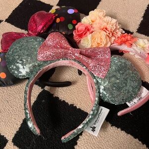 Disney Parks Green Sequin Headband with Pink Bow